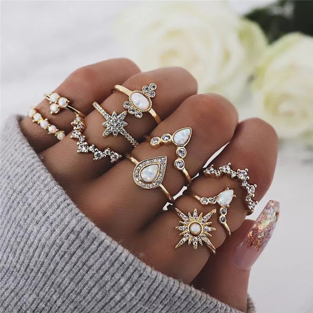16 Pcs Boho Gypsy Gold, Crystal & Opal Ring Set - Picture 3 of 14